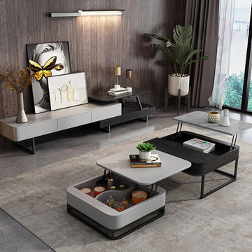 Square Modern Lift-top Nesting Multifunctional Coffee Table With Hidden Large Storage and Drawer Set of 2 Black